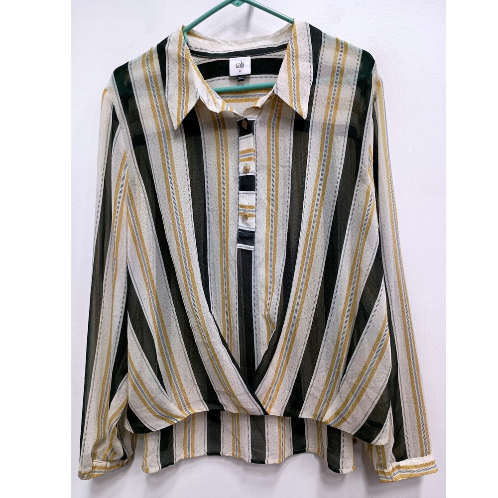 Cabi Caliber Blouse Womens XL Striped Sheer Surplice Long Sleeve Top #4339